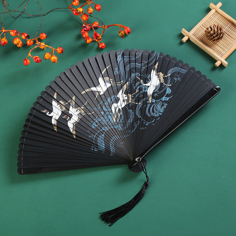 Vintage Buddha Stones Cloud Crane Maple Leaf Pattern Handcrafted Bamboo Folding Fan