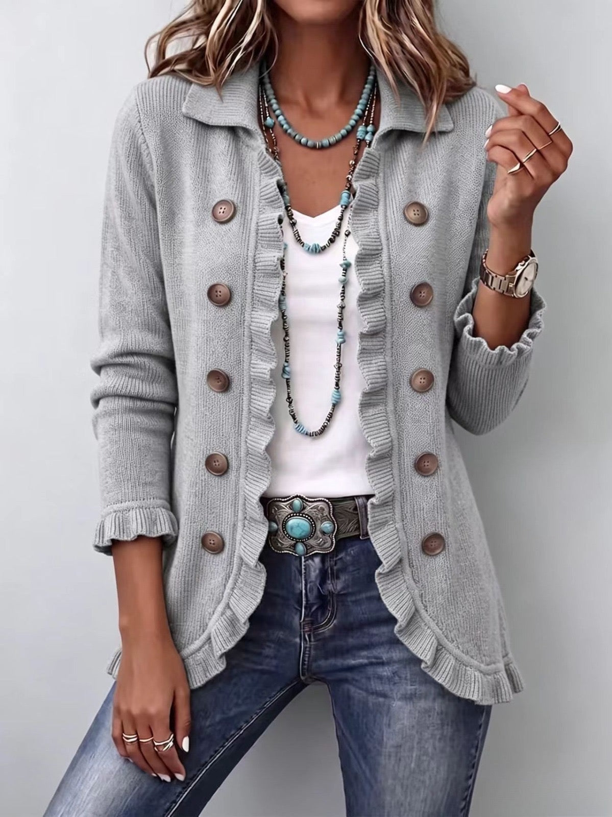 Eloísa | Graue Strickjacke mit Rüschen und Melange-Effekt