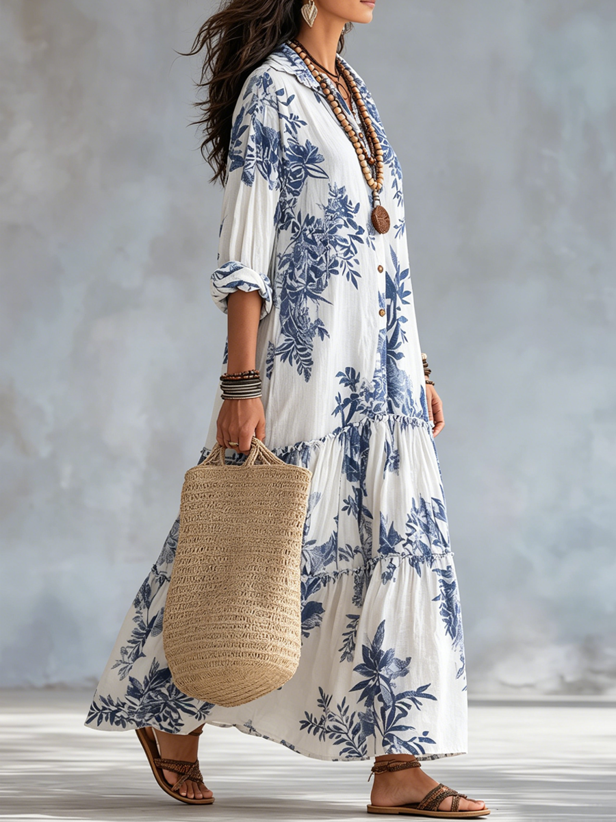 Boho-Stil Maxikleid mit Blumenmuster und Rüschen
