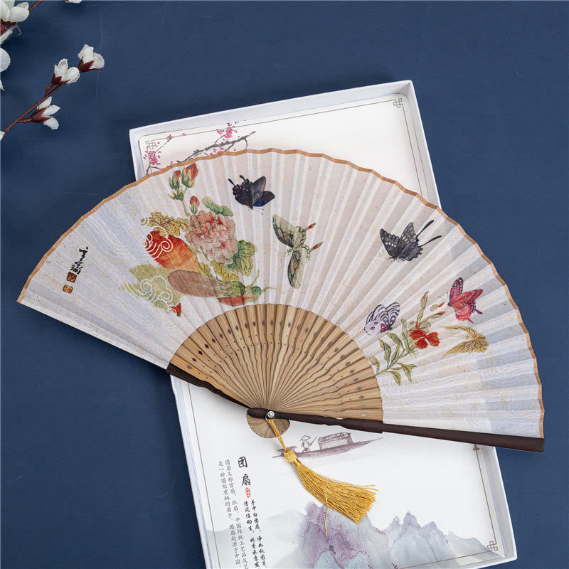 Buddha Butterfly Orchid Cat Handheld Cotton-Linen Bamboo Folding Fan - 22cm