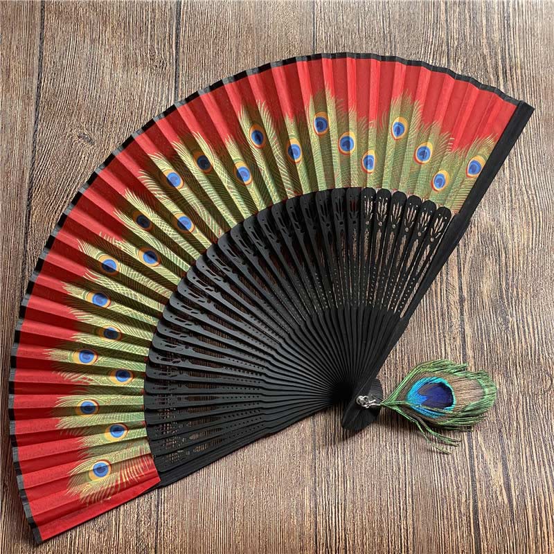 Buddha Stones Handheld Bamboo Folding Fan with Peacock Feather Design - 21.5 cm