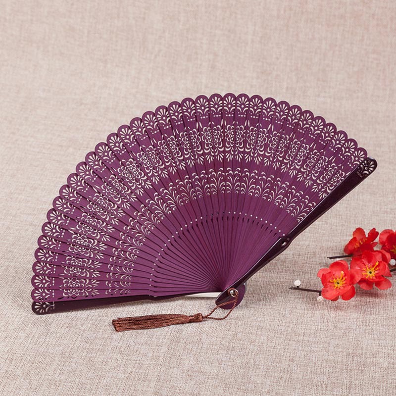 18 cm Handgehaltener Bambus Faltfächer mit Gravur von Buddha-Steinen und Blumen