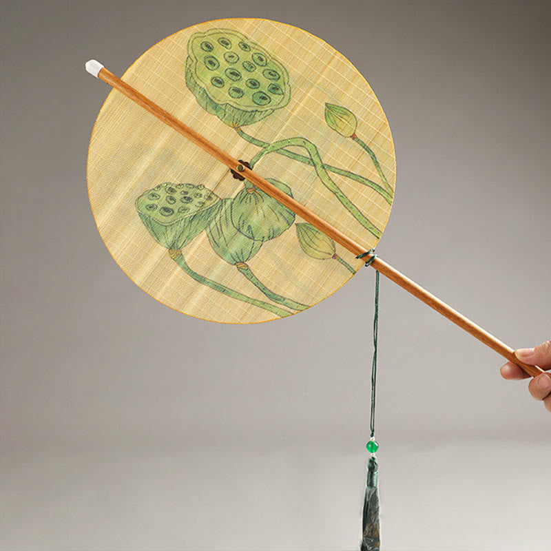 Handgefertigter Fächer mit Buddha-Motiven, Vögeln, Blumen, Persimonen, Koi-Fischen, Lotus und Bambus – Tragbar und Rollbar