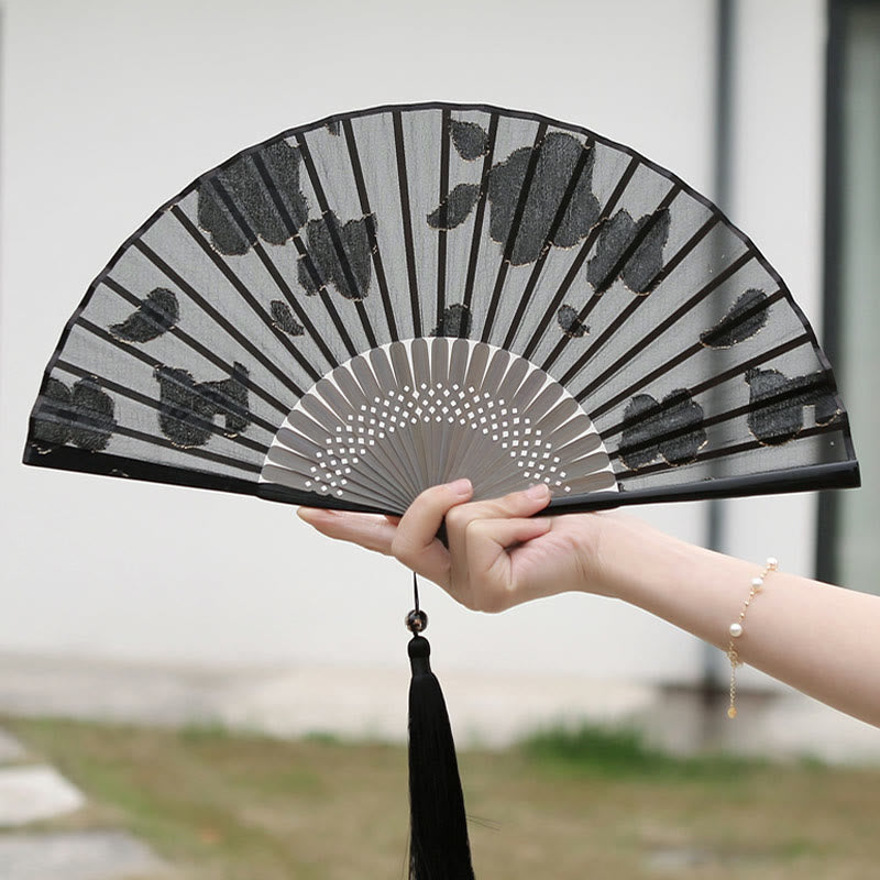 Retro Buddha Stones Floral Silk Handheld Bamboo Folding Fan