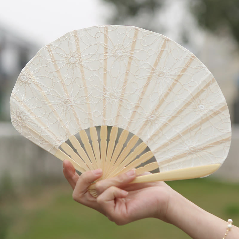 Retro Buddha Stones Large Floral Embroidery Shell-Shaped Tassel Handheld Bamboo Folding Fan