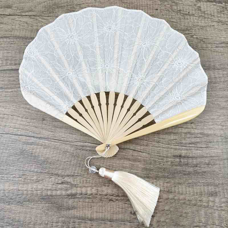 Retro Buddha Stones Large Floral Embroidery Shell-Shaped Tassel Handheld Bamboo Folding Fan