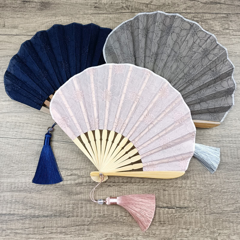 Retro Buddha Stones Large Floral Embroidery Shell-Shaped Tassel Handheld Bamboo Folding Fan
