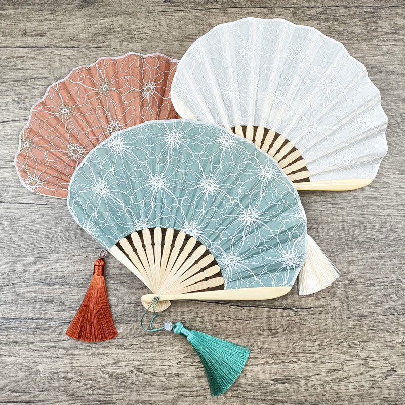 Retro Buddha Stones Large Floral Embroidery Shell-Shaped Tassel Handheld Bamboo Folding Fan