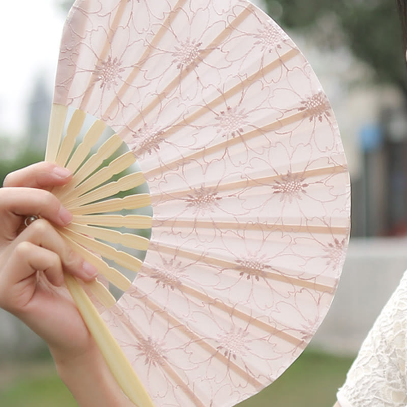 Retro Buddha Stones Large Floral Embroidery Shell-Shaped Tassel Handheld Bamboo Folding Fan