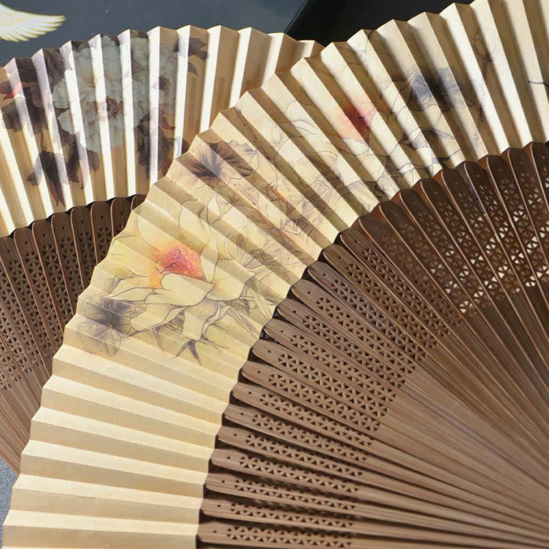 Buddha Stones, Lotus, Dragonfly, Peony, Butterfly, Bamboo Hand Fan - 22.5 cm