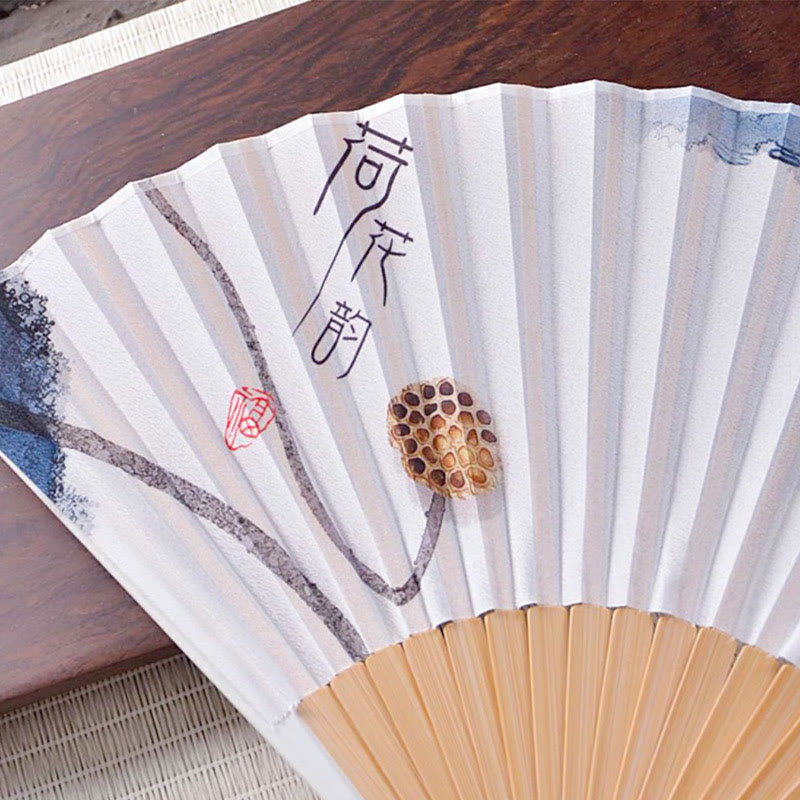 Faltfächer aus Hand-Huayao-Crêpe-Polyester mit Buddha-Motiven, chinesischen Schriftzeichen, Tuschmalerei, Lotusblume und Blattlandschaft – 23,3 cm