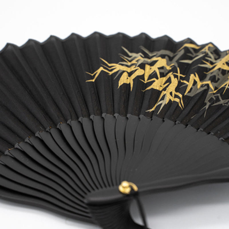 Buddha-Design Seiden-Handfächer aus Bambus mit schwarzem Bambusblatt-Muster