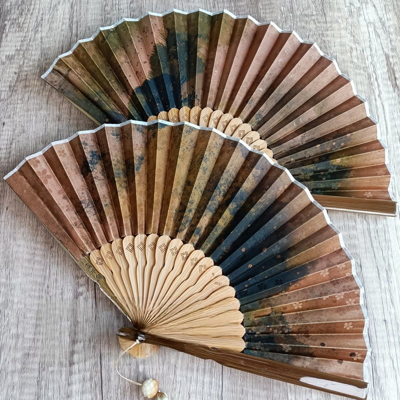 Buddha Stones Handcrafted Bamboo Fan with Floral Design, Kaki, Bamboo Leaves, and Xiangyunsha Silk