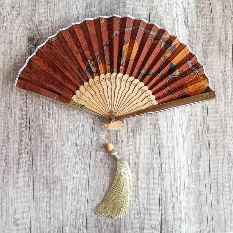 Buddha Stones Handcrafted Bamboo Fan with Floral Design, Kaki, Bamboo Leaves, and Xiangyunsha Silk