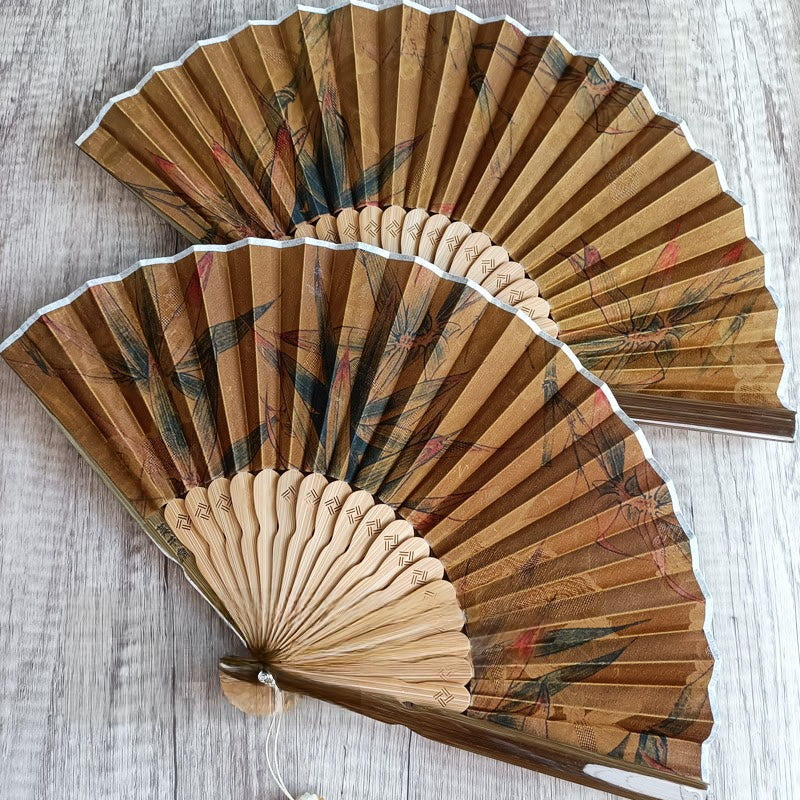 Buddha Stones Handcrafted Bamboo Fan with Floral Design, Kaki, Bamboo Leaves, and Xiangyunsha Silk