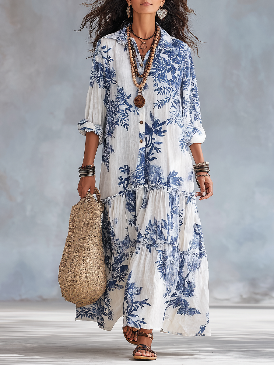 Boho-Stil Maxikleid mit Blumenmuster und Rüschen