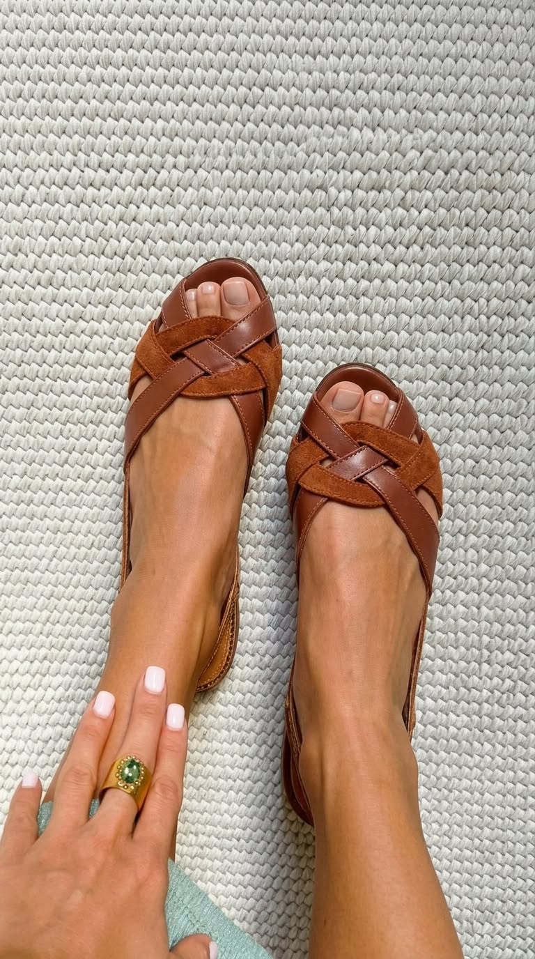 Braune Slingback-Sandalen mit niedrigem Absatz, offenen Zehen und überkreuzten Riemen