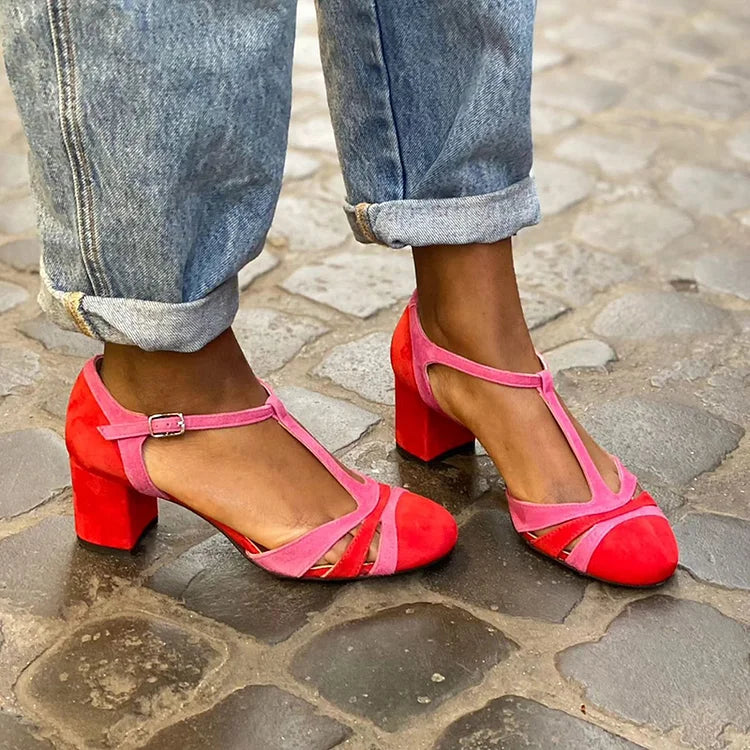 Fuchsia Cut-Out Pumps mit breitem Absatz, Schnalle und T-Riemen-Design