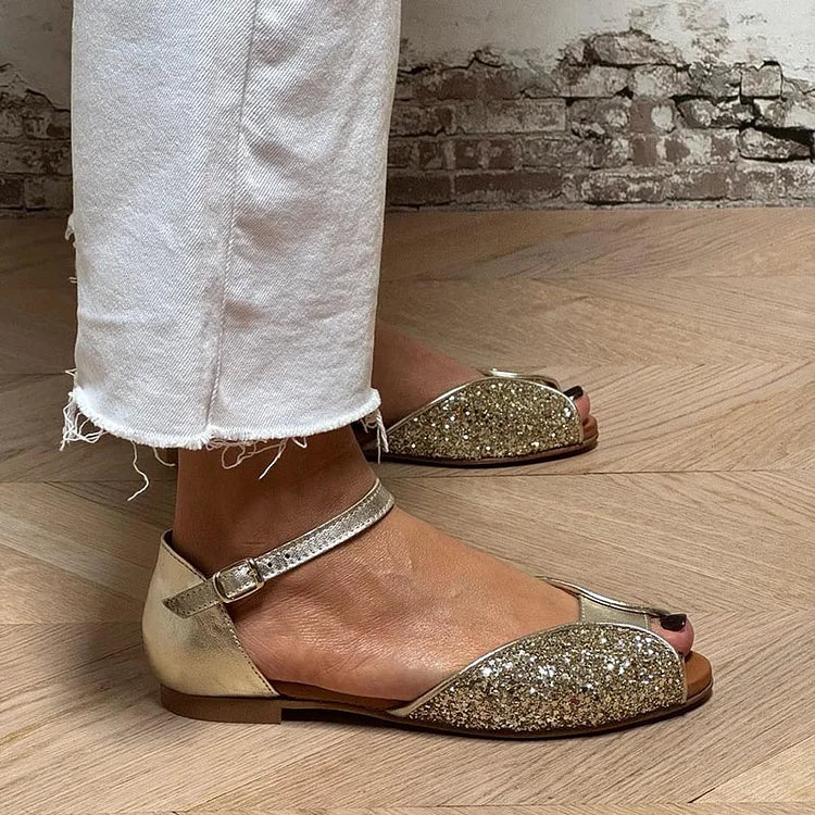 Funkelnde Goldene Patchwork-Peeptoe-Sandalen mit Knöchelriemen und Schnalle