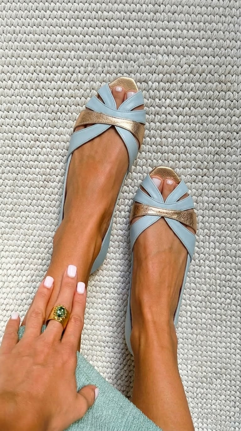 Blau-Goldene Ballerinas mit Metallic-Glanz und Offenem Zeh
