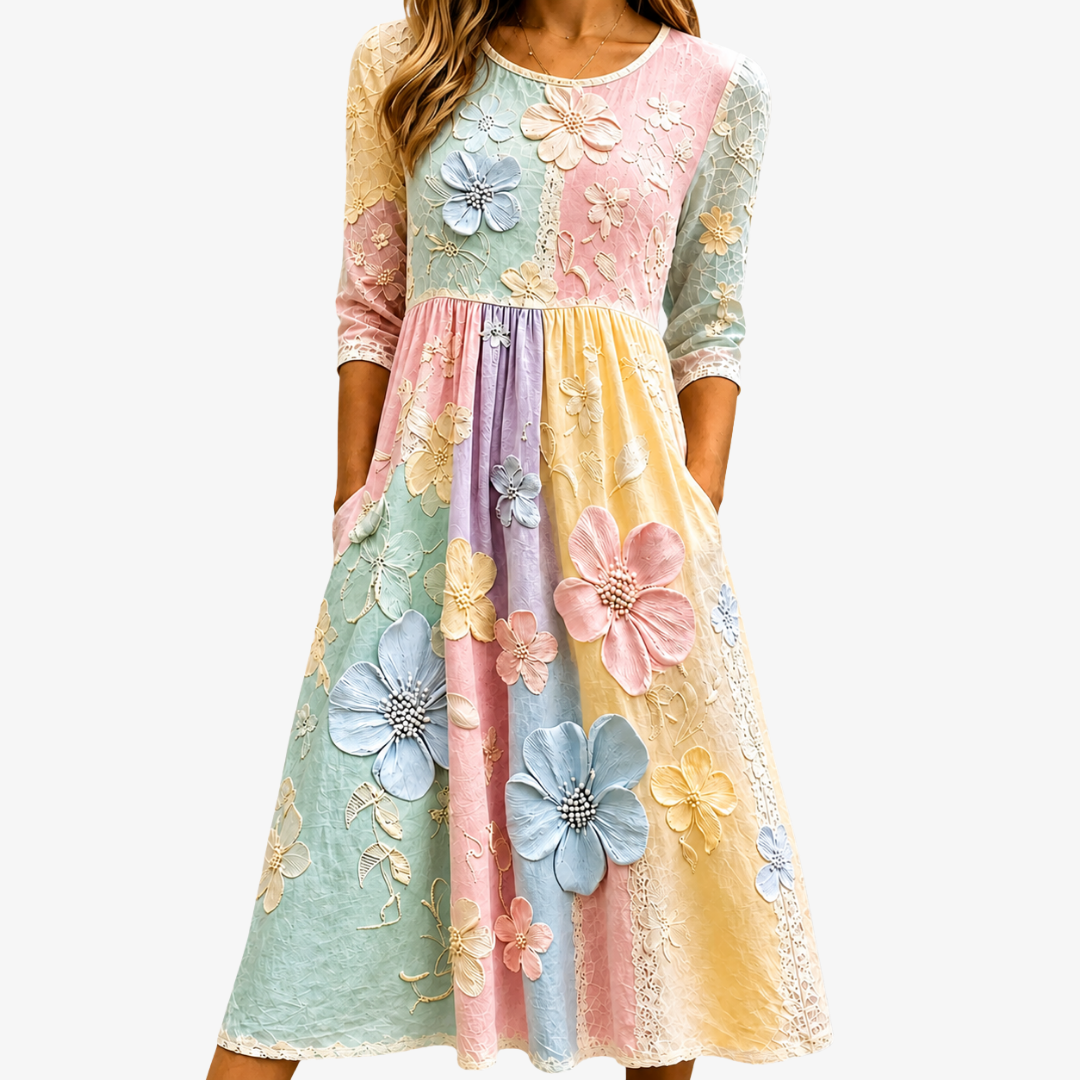 Pastellfarbenes Midi-Kleid mit Taschen für den Garten