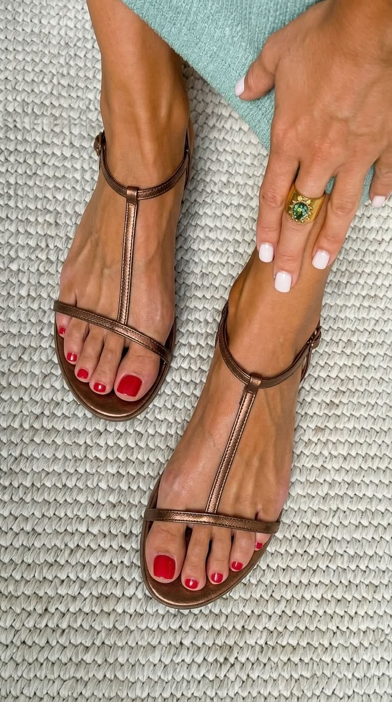 Metallische Sommerschuhe mit flachem Absatz und T-Riemen