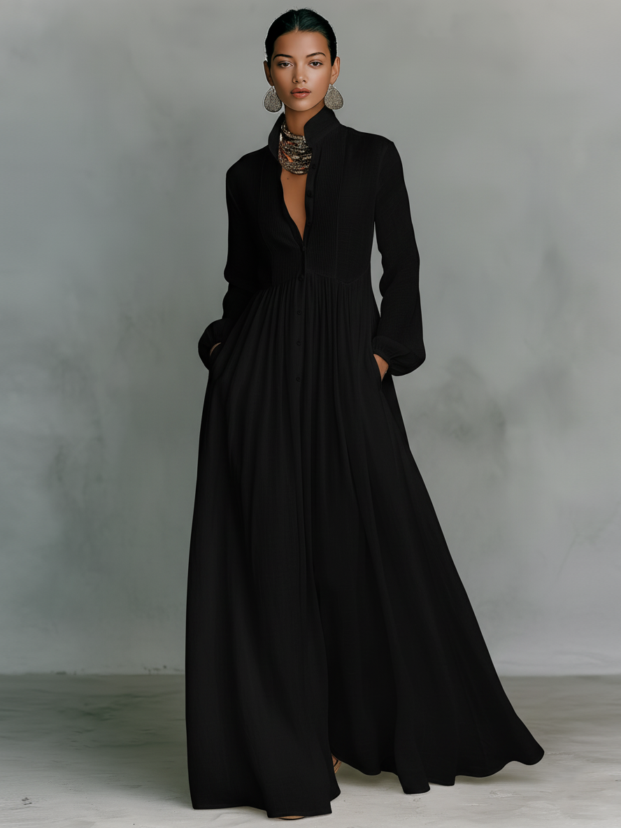 Sita | Patchwork Maxi Minikleid mit Hohem Kragen und Langen Ärmeln