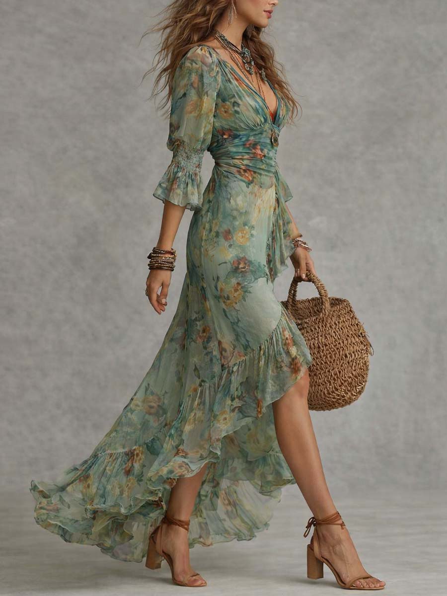 Aurora | Romantisches Maxi-Kleid mit floralem Design und asymmetrischem Saum