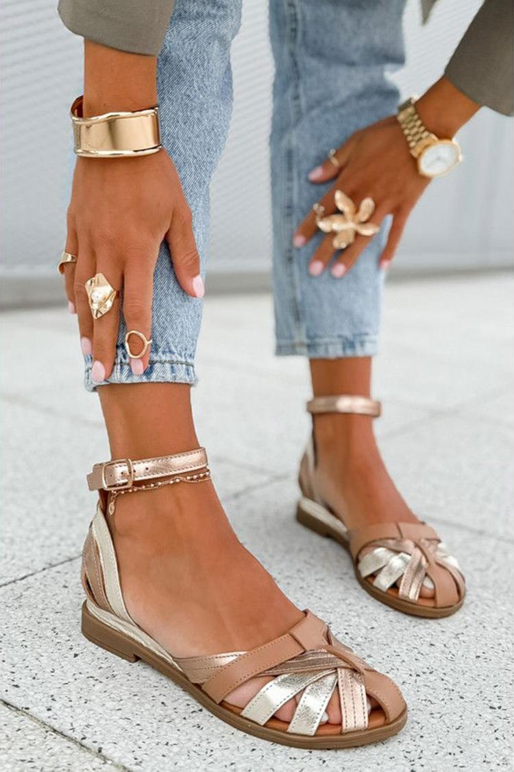 Champagnerfarbene Blockfarben Cut-out Sandalen mit Knöchelriemen und Schnalle