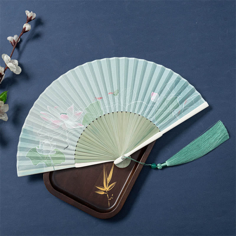 Faltbarer Handfächer aus Seide und Bambus mit Buddha-Motiven, Lotus, Begonie, Blume und Jasmin – 21 cm