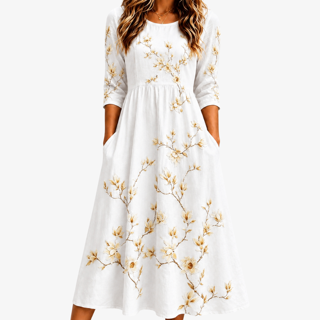 Blumen-Midi-Kleid mit Ivory-Tasche