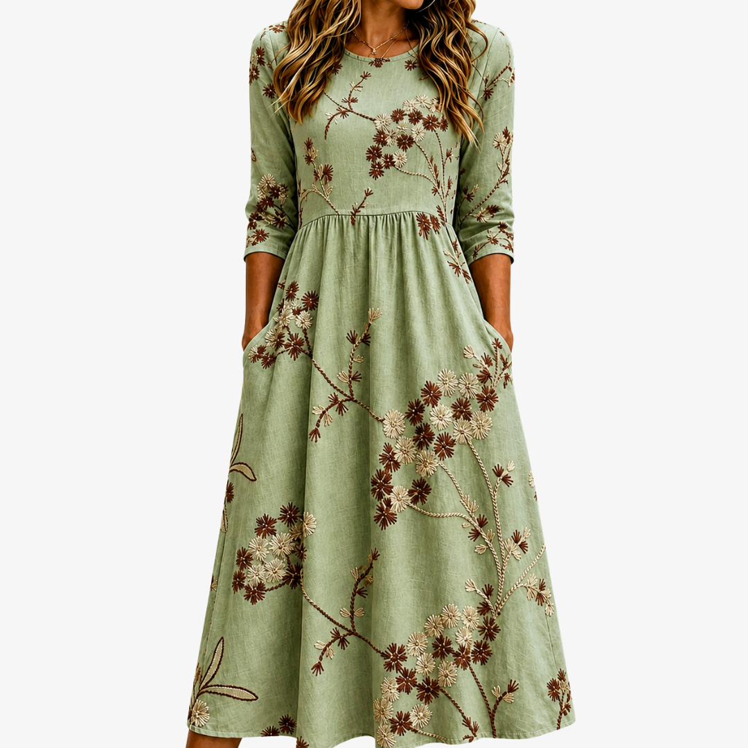 Salbeigrünes Midi-Kleid mit praktischen Taschen