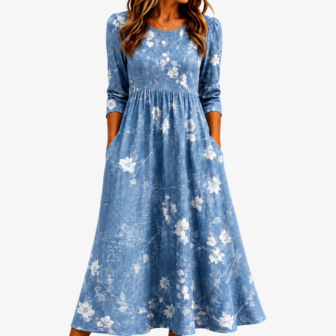 Blumenmuster Midi-Kleid mit Taschen - Bluebell Breeze