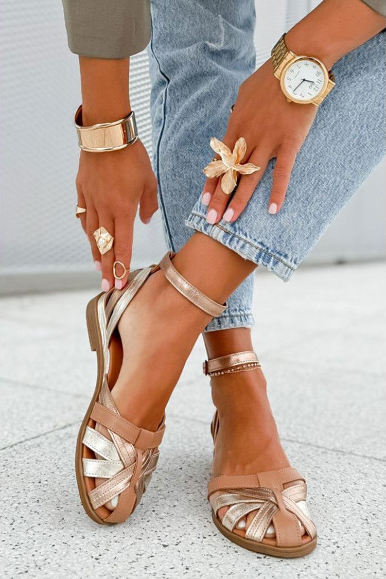 Champagnerfarbene Blockfarben Cut-out Sandalen mit Knöchelriemen und Schnalle