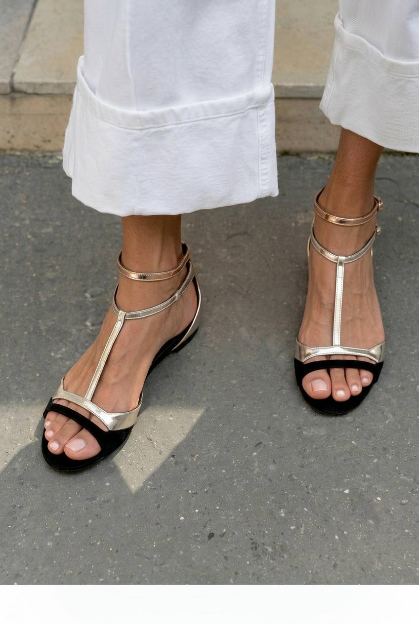 Metallische T-Riemen Sandalen mit niedrigem Absatz und offener Spitze