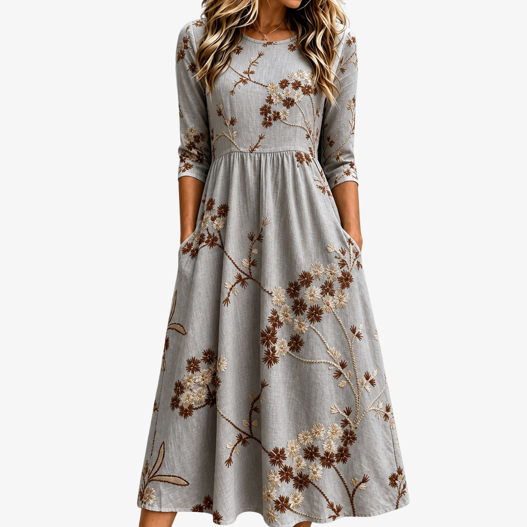 Herbstblumen-Midi-Kleid mit praktischen Taschen
