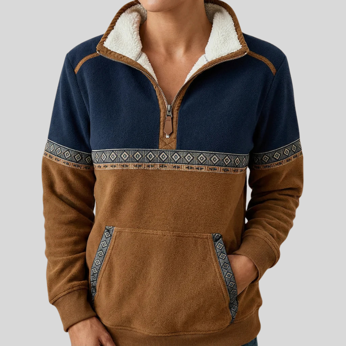 Alvette | Pullover mit Sherpa-Kragen und halbem Reißverschluss