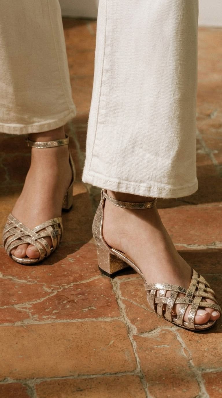 Goldene Peep-Toe-Pumps mit breitem Absatz und Knöchelriemen