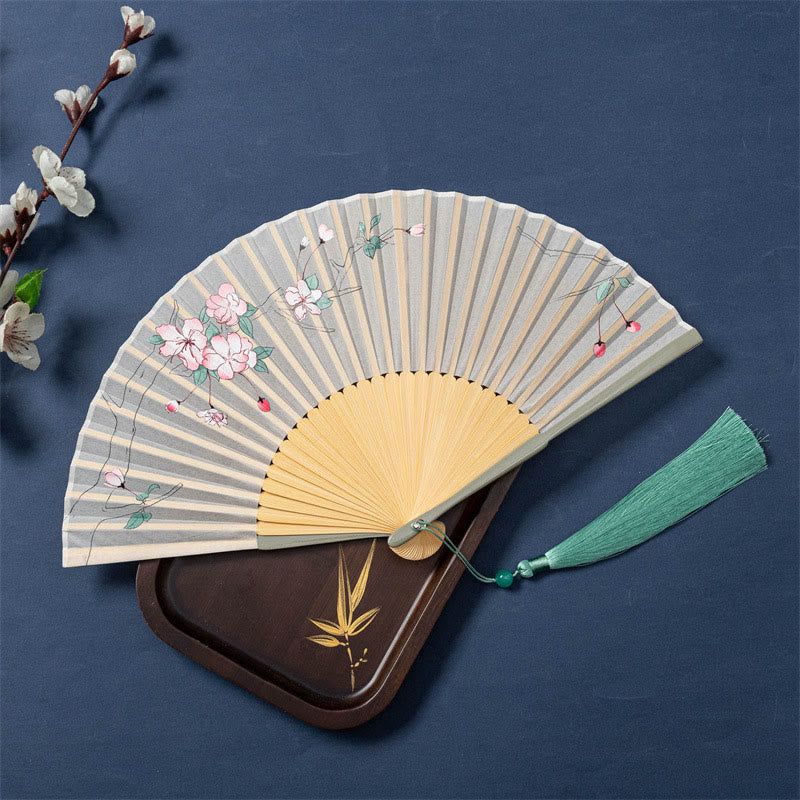 Faltbarer Handfächer aus Seide und Bambus mit Buddha-Motiven, Lotus, Begonie, Blume und Jasmin – 21 cm