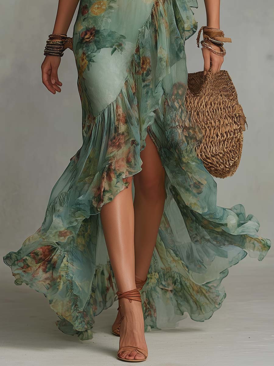 Aurora | Romantisches Maxi-Kleid mit floralem Design und asymmetrischem Saum