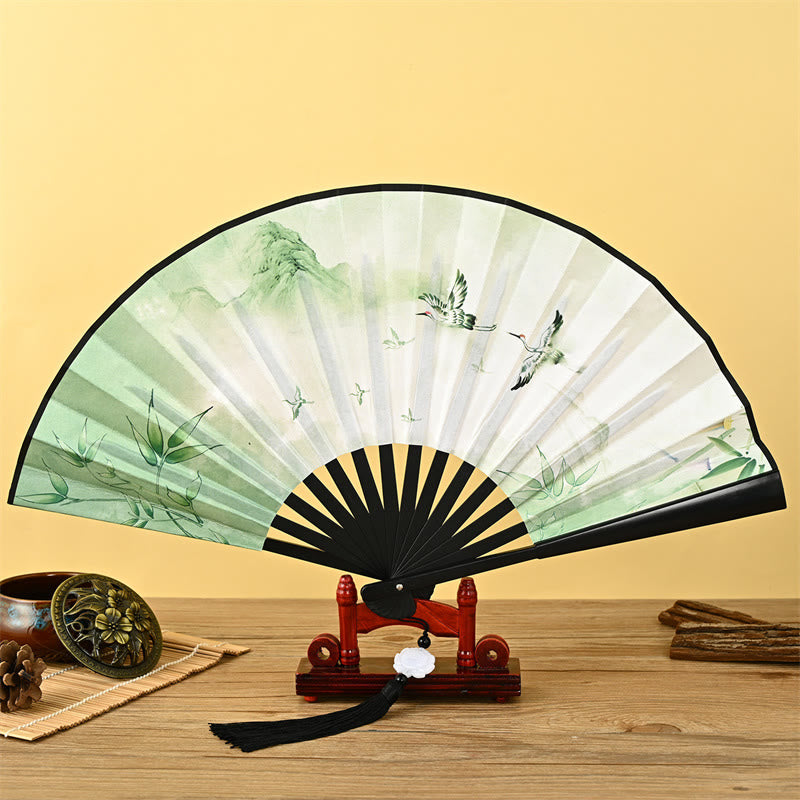 Vintage Buddha Stones Phoenix Nine-Tailed Fox Flower Bamboo Tiger Handheld Fan with Lotus Tassel