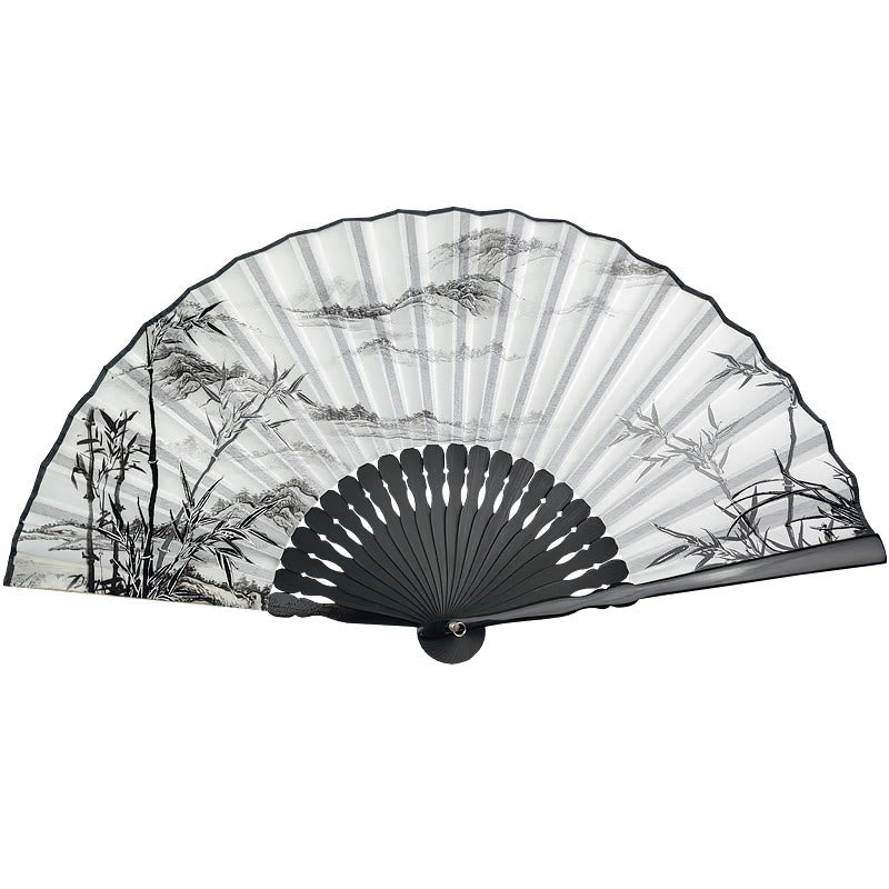 Vintage Buddha Stones Silk Hand Fan with Bamboo Frame - Peony Butterfly Lotus Design