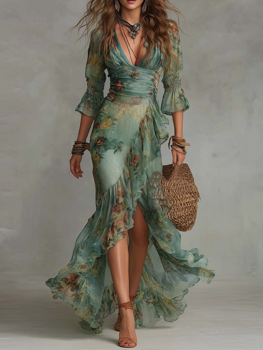 Aurora | Romantisches Maxi-Kleid mit floralem Design und asymmetrischem Saum