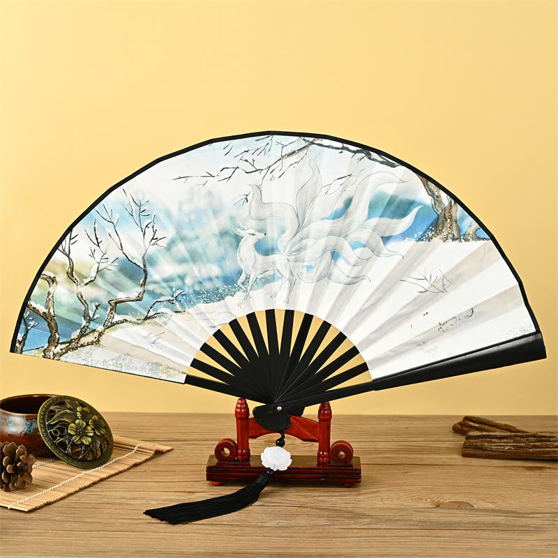 Vintage Buddha Stones Phoenix Nine-Tailed Fox Flower Bamboo Tiger Handheld Fan with Lotus Tassel