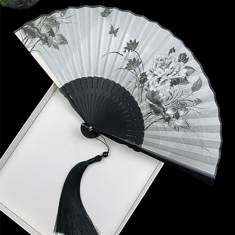 Vintage Buddha Stones Silk Hand Fan with Bamboo Frame - Peony Butterfly Lotus Design