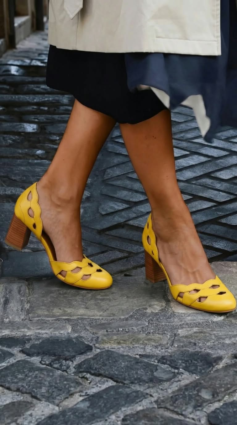 Leder-Pumps mit Blockabsatz, Cut-Outs und gewelltem Design