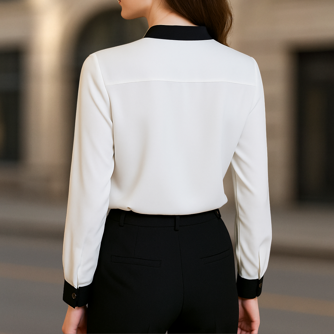 Alice Luxe Damenbluse mit V-Ausschnitt in Weiß und schwarzem Besatz