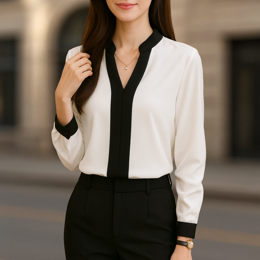 Alice Luxe women's V-neck blouse in white and black trim