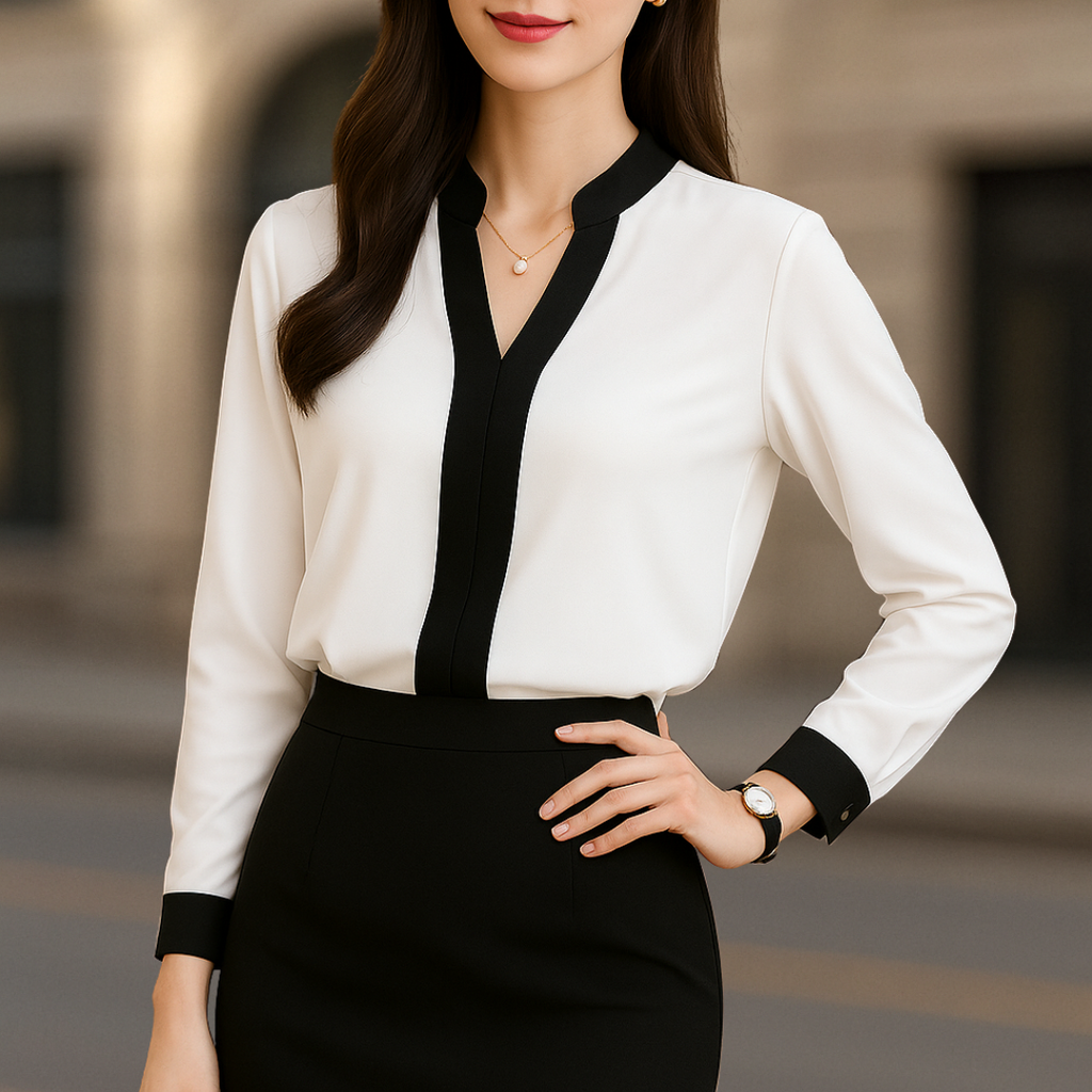 Alice Luxe women's V-neck blouse in white and black trim