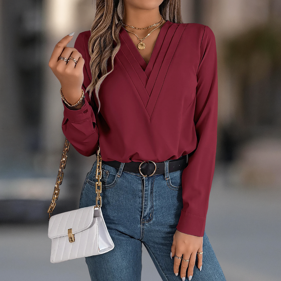 Anastasia Luxe V-Neck Pleated Long Sleeve Blouse for Women